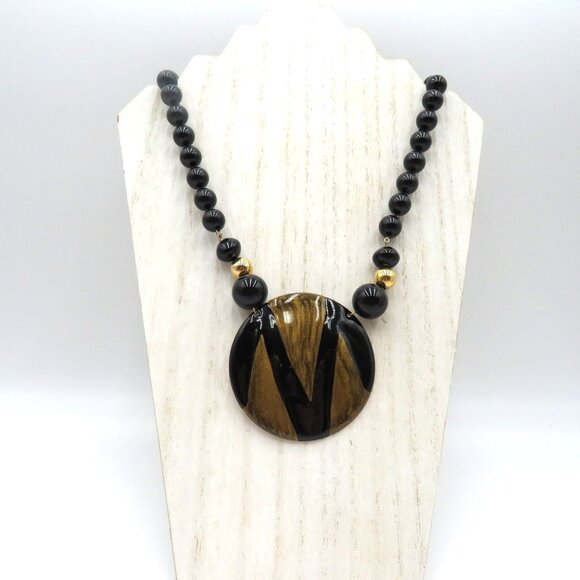 Unbranded Jewelry - Vintage Black Gold Bead 16" Necklace Reversible Pendant Art Deco Statement